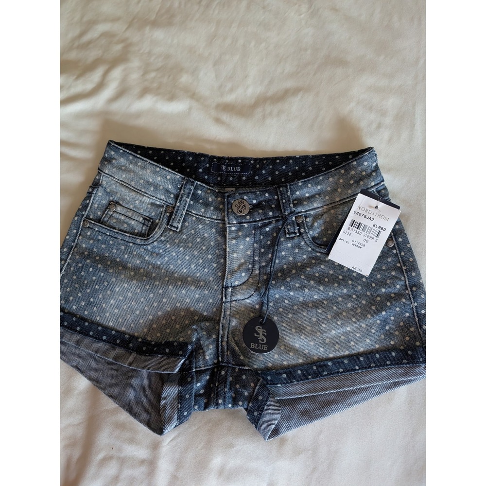 STS Blue Polka Dot Denim Shorts Blue White Cuffed Hot Pants E5076JA2 Size 00 NWT